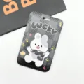 Porte-carte mignon avec motif de lapin et design à carreaux gris, idéal pour les étudiants et cartes ID. - Feux d'Artifice Lapin LUCKY (000) / Étui à Cartes Seul (Sans Accessoires)