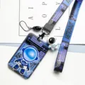 Blue astronaut sliding hard shell cardholder with lanyard and cute pendant student ID holder. - Blue Standing Astronaut + Blue & Purple Long Lanyard (Blue Figure)