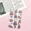 Cute brown bear card holder with keychain, push-pull ID badge case for bus and meal cards. - Brown Bear Holding Strawberry + White Handcuff Clip
