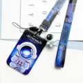 Astronaut Lanyard and Card Holder Set Cute Hard Shell Protective Cover for Student ID - Interstellar Astronaut + Blue-Purple Astronaut Long Rope (Blue Figure)