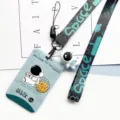 Plastic sliding hard shell astronaut card holder student ID badge with lanyard and pendant. - Moon Net Astronaut + Black-Green Astronaut Long Rope (Blue Figure)