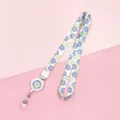 Cartoon floral retractable badge reel lanyard with neck strap for students work ID cards - Blue Green Five-Leaf Flower (Blue Flower)