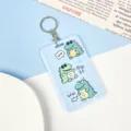 Cute blue grid cartoon dinosaur card holder with keychain for students and bus cards ABS plastic - Checkered Three Crocodiles / With Round Clasp