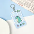 Cute cartoon crocodile ID card holder with keychain, blue heart pattern variant for students. - Heart Crocodile / With Round Clasp