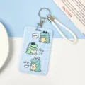 Cute blue grid cartoon crocodile student ID and bus card holder with white braided wrist lanyard. - Checkered Three Crocodiles / With White Wrist Strap