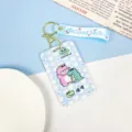 Cute blue cartoon crocodile card holder, ABS plastic student pass case with metal keychain. - Girl and Little Crocodile / With Blue Lollipop Wrist Strap
