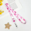 Pink floral lanyard with retractable reel badge holder, cute ID strap for students and office. - Pink Smile Flower (Retractable Lanyard)
