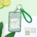 Tarjetero rígido de conejo verde con cordón trenzado para tarjetas de estudiante e identificación - Conejo Mariposa Graffiti / Cuerda de cuero con borde verde