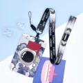 Cute astronaut sliding card holder with lanyard student campus ID card protective cover case - Large-Scooter Astronaut + Hooded Person Long Rope
