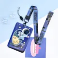 Cute astronaut sliding card holder with lanyard for student campus meal card protection - Large-Flying Astronaut + Blue Purple Astronaut Long Rope