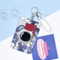 Cute astronaut sliding card holder with keychain badge case student campus meal card protector cover - Large-Scooter Astronaut + White Hand Rope