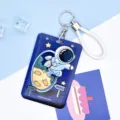 Cute astronaut sliding card holder with white woven strap and metal keychain design - Large-Flying Astronaut + White Hand Rope