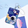 Cute astronaut sliding card holder with lanyard keychain for student campus bus card protective case - Large-Headphone Astronaut + White Hand Rope