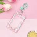 Tarjetero transparente lindo para estudiantes, funda de tarjeta de autobús con accesorios. - Deslizante Transparente-Fresa Sonriente + Cierre de Langosta de Campana Verde Azulado