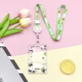 Cute cartoon transparent ID card holder with green bear lanyard school bus card badge case - Sliding Transparent - Bamboo Panda + Green Bear Retractable Buckle Long Rope (Green Bear)