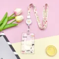 Cute cartoon transparent badge holder with lanyard and retractable reel for ID cards. - Sliding Transparent - Backpack Bear Rabbit + Beige Cute Bear Retractable Buckle Long Rope (Beige Bear Head)