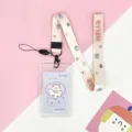 Cute student cartoon card holder transparent ID badge holder with lanyard neck strap for school - Vertical PP Card Sleeve / Blue Base White Goose + Yellow Dot HELLO Long Lanyard