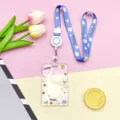 Cute transparent ID card holder with blue daisy lanyard and retractable badge reel. - Sliding Transparent - Nice Suspenders Rabbit + Blue Background White Flower Retractable Buckle Long Rope (White Flower)