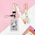 Cute cartoon student card holder with lanyard transparent ID badge cover case for school - Vertical PP Card Sleeve / Gray Base Gray Rabbit + Yellow Dot HELLO Long Lanyard