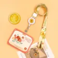 Cute floral ID badge card holder with lanyard and retractable reel for students and office daily use. - Horizontal-Orange Frame Flower Bush + Sunflower Lanyard