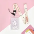 Cute student cartoon lanyard card holder transparent protective cover for campus ID card - Vertical PP Card Sleeve / Purple Base White Dog + Yellow Dot HELLO Long Lanyard