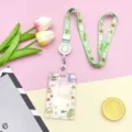 Cute cartoon transparent card holder with green bear lanyard for school and office ID badge. - Sliding Transparent - Oh Pineapple Dog + Green Bear Retractable Buckle Long Rope (Green Bear)