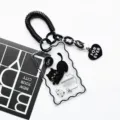 Black cat transparent card holder with spiral wrist strap and heart pendant for students. - Fishbone Black Cat (Black Spring Rope + Charm)