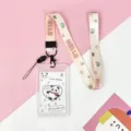 Cute student cartoon lanyard transparent card holder campus ID badge protective cover case - Vertical PP Card Sleeve / White Base Panda + Yellow Dot HELLO Long Lanyard