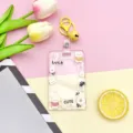 Clear acrylic ID badge holder with yellow keychain, cute bear and flower cartoon stickers for variant. - Sliding Transparent - Backpack Bear Rabbit + Yellow Bell Lobster Clasp