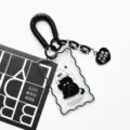 Cartoon black cat transparent card holder with spring lanyard and heart pendant cute ID sleeve - Bucket Black Cat (Black Spring Rope + Charm)