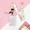 Cute cartoon student transparent card holder with lanyard, ID badge case and neck strap. - Vertical PP Card Sleeve / Pink Base White Rabbit + Yellow Dot HELLO Long Lanyard