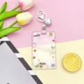 Cute transparent card holder with keychain, cartoon design hard badge cover for campus bus cards. - Sliding Transparent - Nice Suspenders Rabbit + White Bell Lobster Clasp
