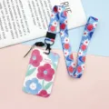 Blaues Blumen Lanyard und Kartenhalter Set süße Schiebe Kartenhülle für Ausweis Schulausweis - Hase und Blumen / Langes Schlüsselband