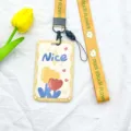 Yellow tulip lanyard card holder ID badge cover with spring rope for campus office daily use. - Yellow Border Nice Flower with Small White Flower on Yellow Long Lanyard