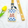 Ins style blue white checkerboard card holder with yellow lanyard and spring rope, cute id badge. - Yellow Border Blue and White Plaid English Text + Yellow Background Small White Flower Long Lanyard