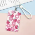 Porta carte d'identità scorrevole con fiori rosa carini e cordino intrecciato scuola - Fiore Rosso di Coniglio Fragola / Corda Intrecciata Bianca