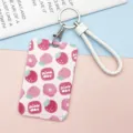 Portacarte scorrevole rosa con cordino e portachiavi, design con pesche e fiori per badge. - Fragola Pesca Fiore / Corda Intrecciata Bianca