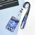 Bonito tarjetero de identificación de astronauta con cordón a juego y carrete retráctil. - Astronauta Azul De Pie / Cordón largo retráctil