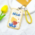 Yellow lanyard badge holder with card case, cute tulip design, ideal for school ID cards. - Yellow Border Nice Flower + Yellow Hand Strap