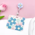 Cute Blue Flower Badge Holder with Retractable Reel and Slide IC Card Case Variant Style - Five-Petal Flower / With White Badge Reel (Light Blue Flower) / Green and Pink