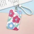 Portacarte floreale carino con cinturino intrecciato e portachiavi, ideale per badge. - Coniglio e Fiori / Corda Intrecciata Bianca