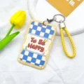 Blue and white plaid card holder with yellow lanyard, cute aesthetic ID card sleeve keychain. - Yellow Border Blue and White Plaid English + Yellow Wrist Strap
