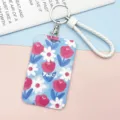 Porta badge scorrevole con cordino bianco, grazioso motivo floreale e custodia protettiva per badge. - Blu con fiori rossi / Corda Intrecciata Bianca