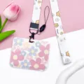 Floral ID card holder with matching lanyard, cute student bus card protective case. - Five-Petal Flower / With White Flower Lanyard / Pale Blue