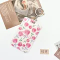 Leuke bloemen sliding kaarthouder badgehouder beschermer met sleutelhanger voor school - Tulip Roos Bloemenpatroon / Ronde Gesp