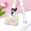 Floral pattern lanyard horizontal card holder with blue and yellow flowers for student ID badge. - Five-Petal Flower / With White Flower Lanyard / Yellow Blue