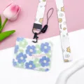 Floral pattern ID card holder with neck lanyard for students school bus card case - Five-Petal Flower / With White Flower Lanyard / Cyan