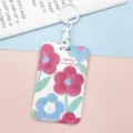 Portacarte scorrevole floreale carino con portachiavi per uso scolastico o lavorativo. - Coniglio e Fiori / Fibbia Manette Bianca