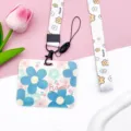 Floral pattern card holder with neck lanyard, cute student bus card protector for daily use. - Five-Petal Flower / With White Flower Lanyard / Green and Pink