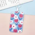 Porta tessere scorrevole con stampa di tulipani floreali e portachiavi in metallo bianco. - Blu con fiori rossi / Fibbia Manette Bianca